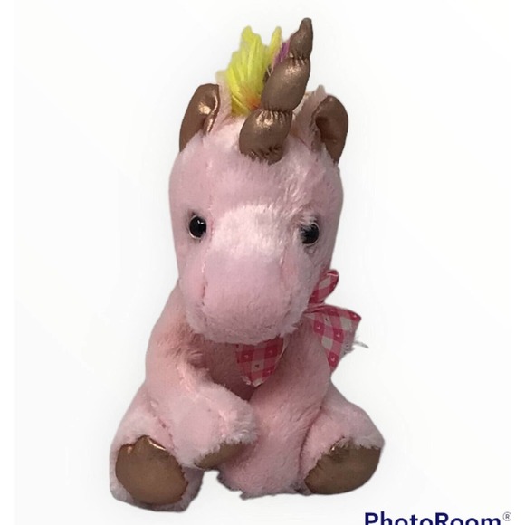 Pink Rose Gold Metallic Unicorn with Bow 10" Plush Yellow Pink Mane Stuffed Toy - Picture 1 of 9